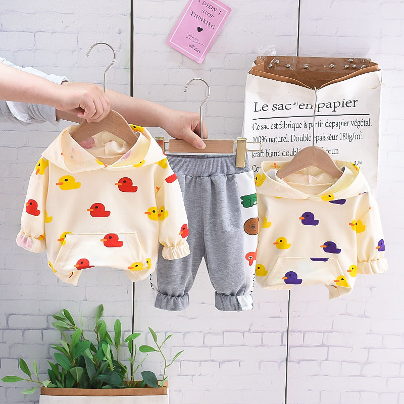 Girls' Small Yellow Duck Printed Hoodie Suit