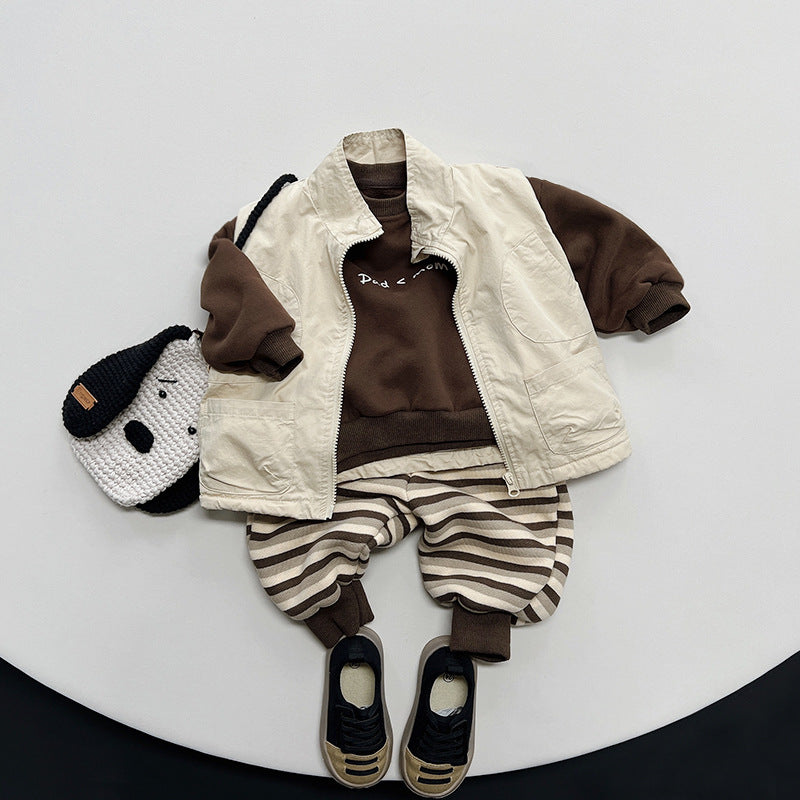 Children's Stripes Fleece Shirt Retro Warm Velvet Hoodie Lengthened Trousers