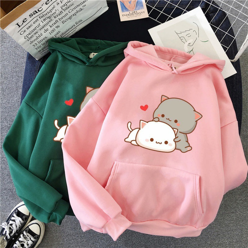 Harajuku Retro Cute Play Cat Print Male Street Hoodie