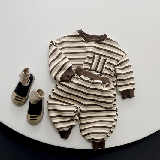 Children's Stripes Fleece Shirt Retro Warm Velvet Hoodie Lengthened Trousers