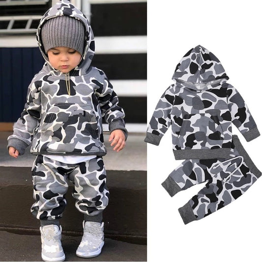 Small And Medium Boys Camouflage Cotton Trousers Long Sleeve Hoodie Two-piece Set Blouse And Pants