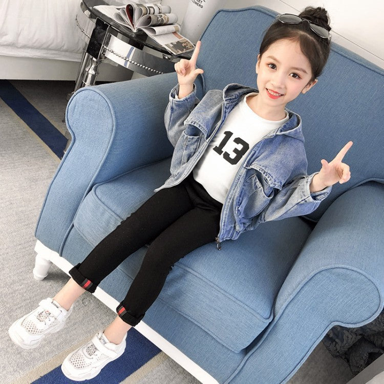 Mmiddle and large children's zipper denim Hoodie