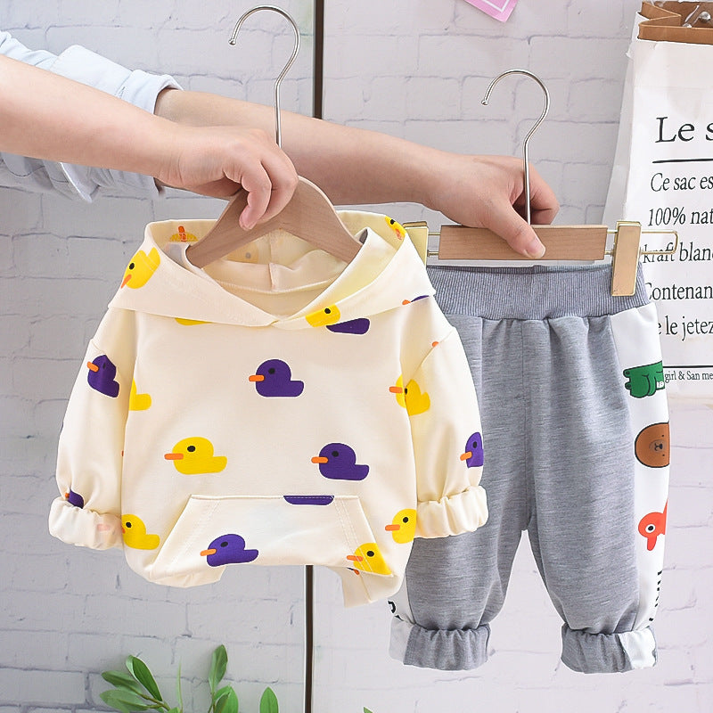 Girls' Small Yellow Duck Printed Hoodie Suit