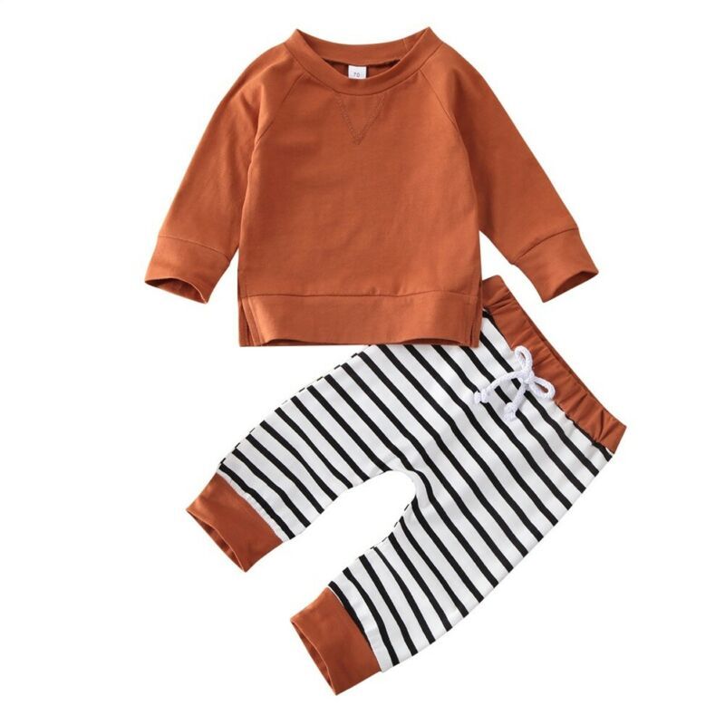 Two-piece solid color hoodie striped trousers