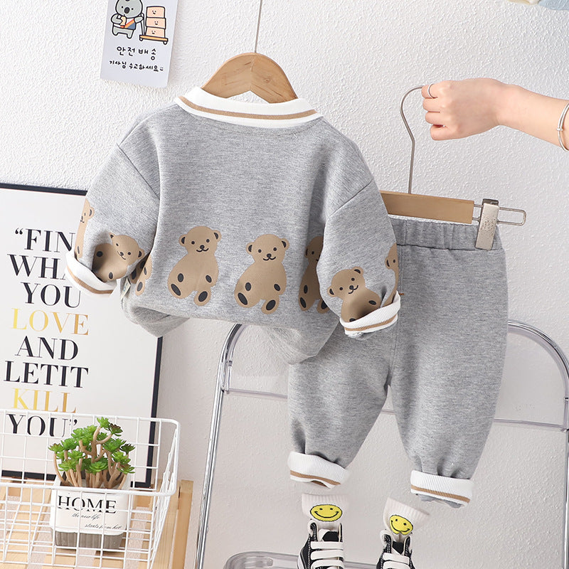 Lapel Bear Hoodie Two-piece Set For Children Western Style Children