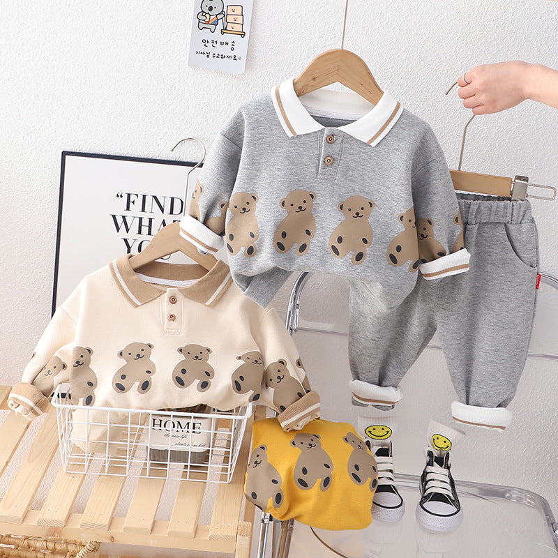 Lapel Bear Hoodie Two-piece Set For Children Western Style Children