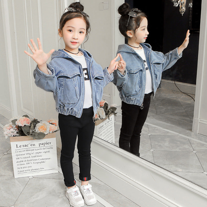 Mmiddle and large children's zipper denim Hoodie