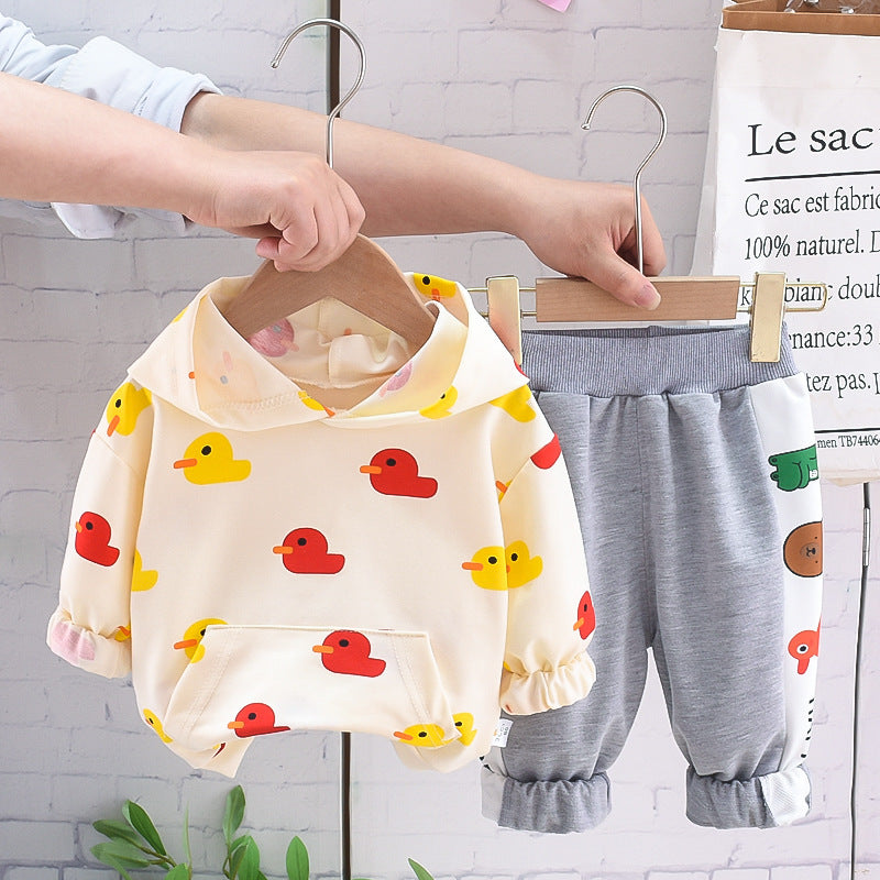 Girls' Small Yellow Duck Printed Hoodie Suit