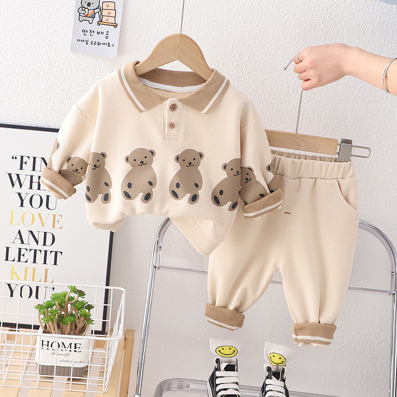 Lapel Bear Hoodie Two-piece Set For Children Western Style Children