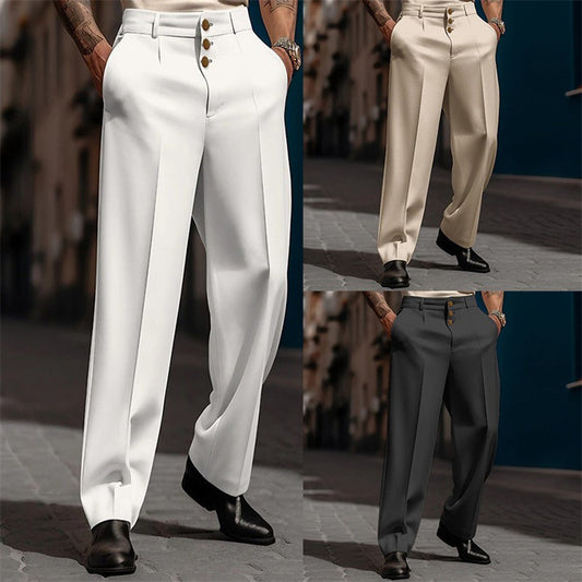 Men's Formal Wear Button Solid Color Loose Straight Comfortable Trousers