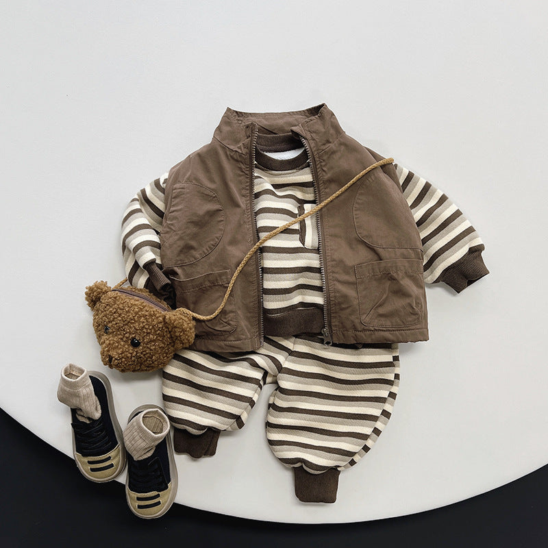 Children's Stripes Fleece Shirt Retro Warm Velvet Hoodie Lengthened Trousers