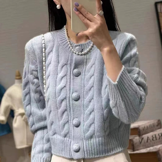 Lazy Round Neck Knitted Soft Glutinous Wool Cardigan Sweater Coat For Women