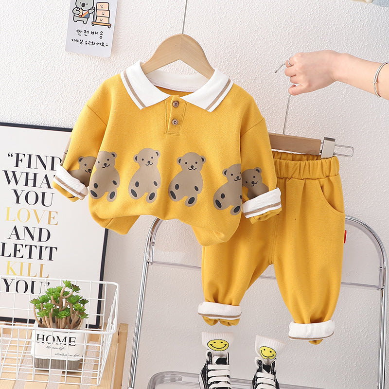 Lapel Bear Hoodie Two-piece Set For Children Western Style Children