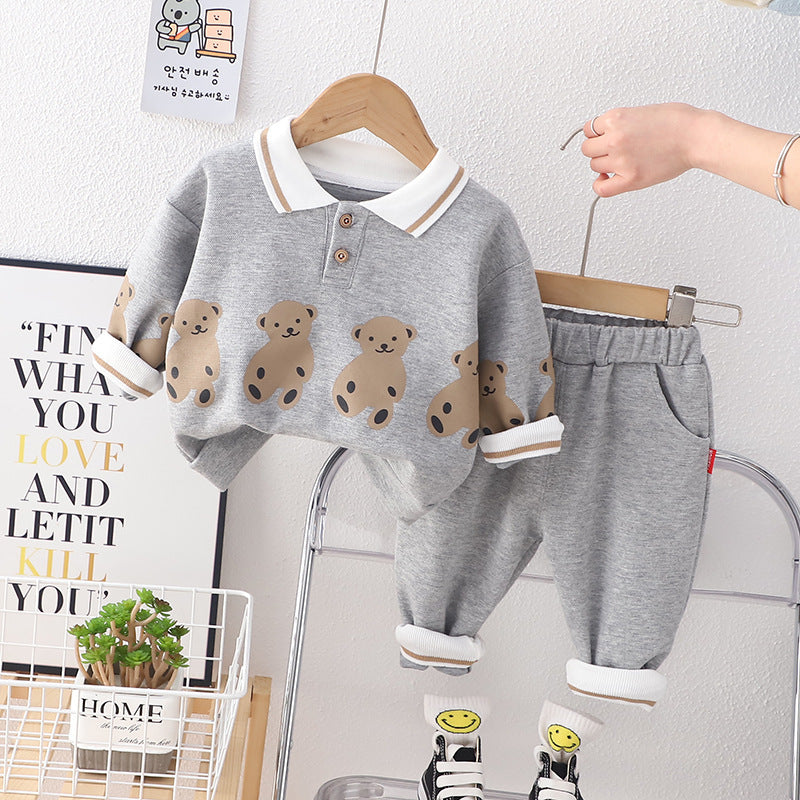 Lapel Bear Hoodie Two-piece Set For Children Western Style Children