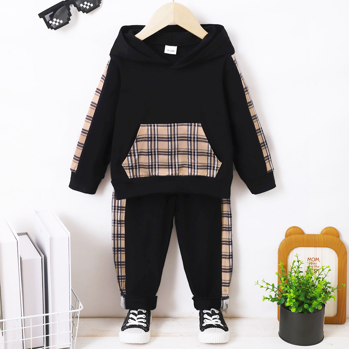 Children's Fashion Plaid Long-sleeved Hoodie Top Printed Checks Sweatpants Suit