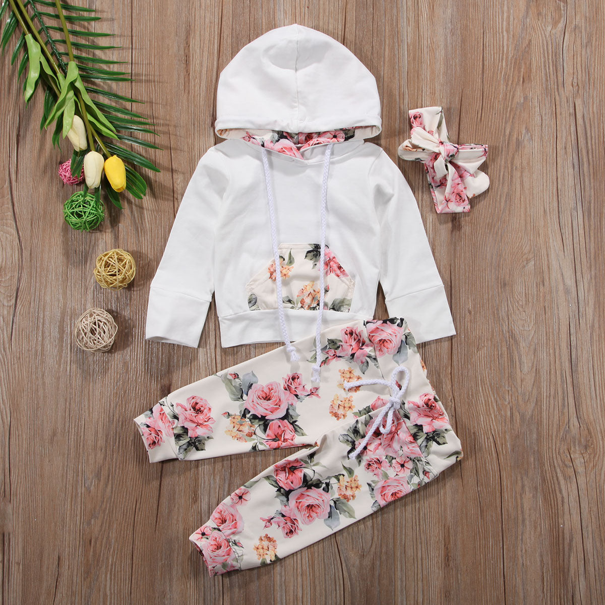 Girls' Set Baby Printed Hoodie Set Hair Band