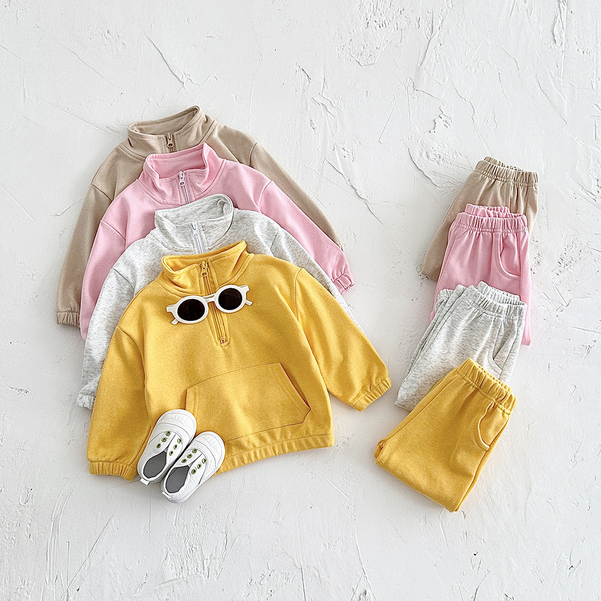 Zipper Stand Collar Long Sleeved Children's Hoodie Set