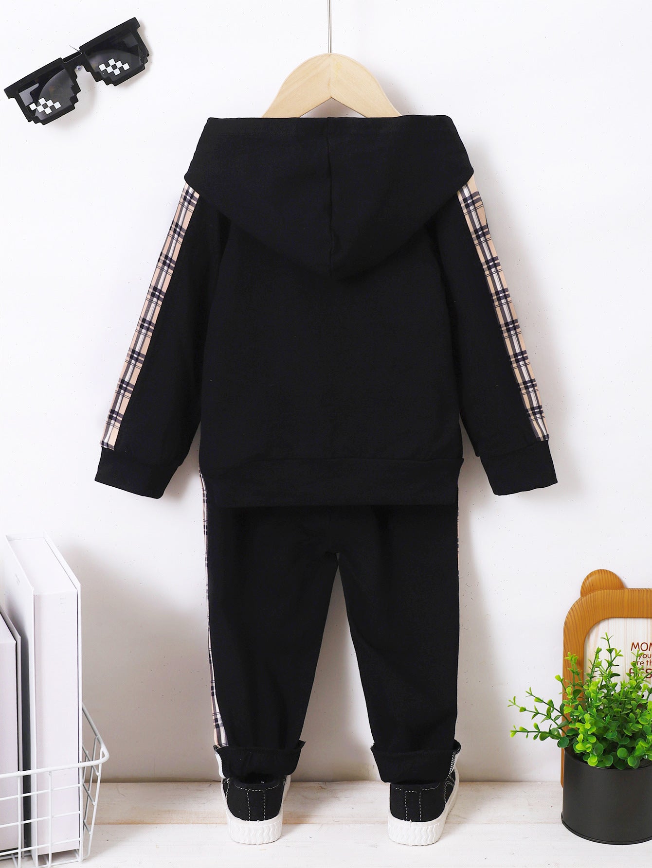 Children's Fashion Plaid Long-sleeved Hoodie Top Printed Checks Sweatpants Suit