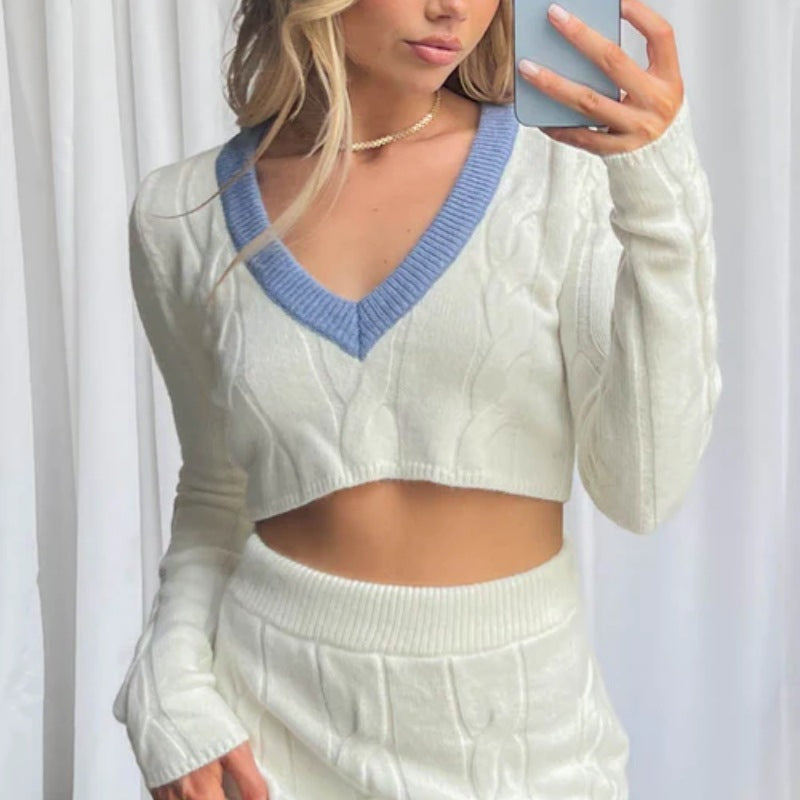 Fashionable Knitted Midriff-baring Sweater Women's High Waist Suit