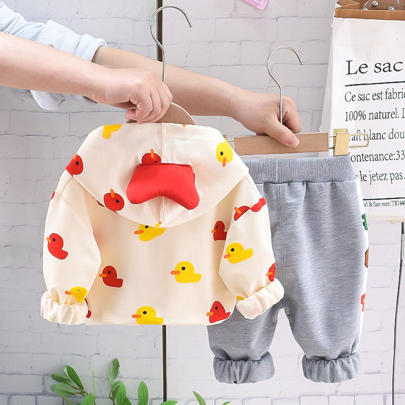 Girls' Small Yellow Duck Printed Hoodie Suit