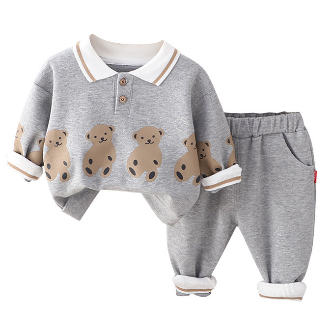 Lapel Bear Hoodie Two-piece Set For Children Western Style Children